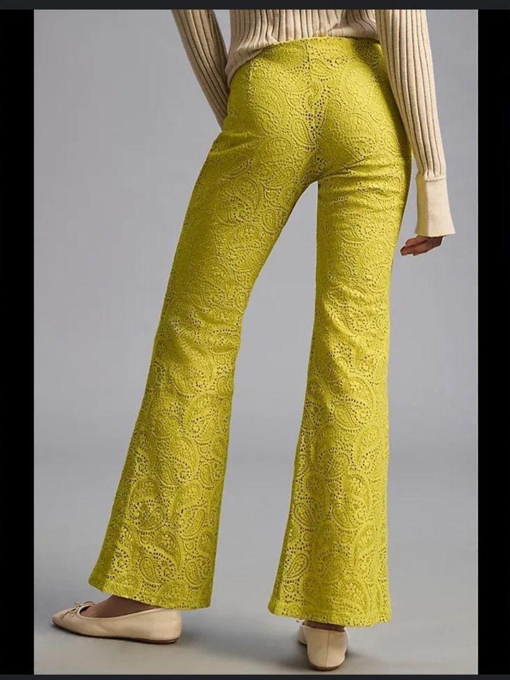 Anthropologie Chartreuse Lace Flare Pants
